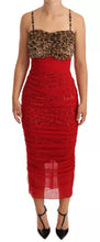 Dolce & Gabbana Brown Leopard Red Tulle Sheath Midi Dress