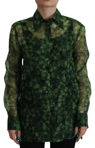 Dolce & Gabbana Green Clover Print Long Sleeves Collared Top Blouse