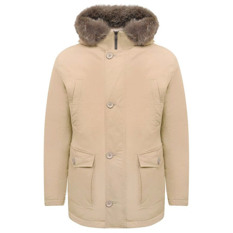 Herno Beige Nylon Men Jacket with Fur-Trimmed Hood