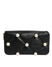 Dolce & Gabbana Black Leather Pearl Embellished Logo Shoulder Bag
