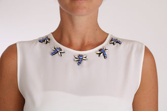 White Silk Crystal Embellished Fly T-shirt Dolce & Gabbana