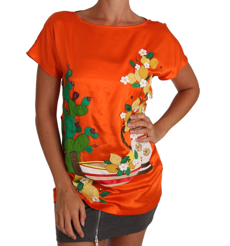 Silk Orange Lemon Crystal T-shirt Top Dolce & Gabbana
