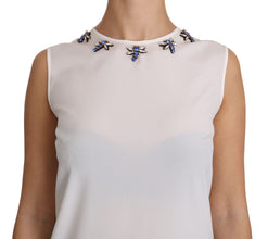 White Silk Embellished Crystal Dragonfly Top Dolce & Gabbana