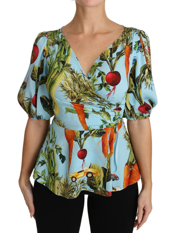 Multicolor Vegetable Print Silk Top Peplum Wrap Blouse Dolce & Gabbana