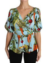 Multicolor Vegetable Print Silk Top Peplum Wrap Blouse Dolce & Gabbana