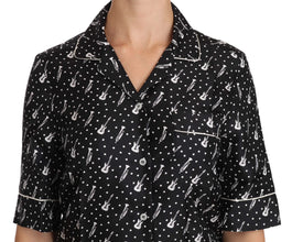 Black GuitarTrumpet Print Silk Shirt Top Dolce & Gabbana