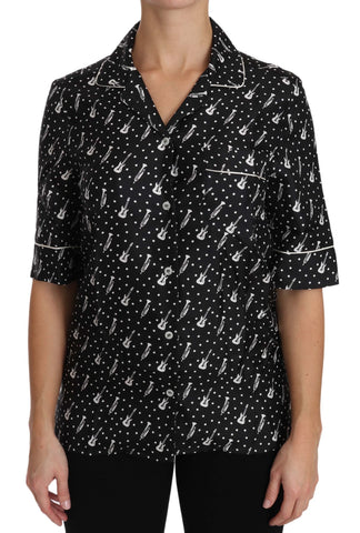 Black GuitarTrumpet Print Silk Shirt Top Dolce & Gabbana