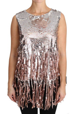 Golden Pink Sequined Fringe Tank Top Dolce & Gabbana