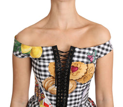 Black and White Corset Blouse Sicily Lemon Check Top Dolce & Gabbana