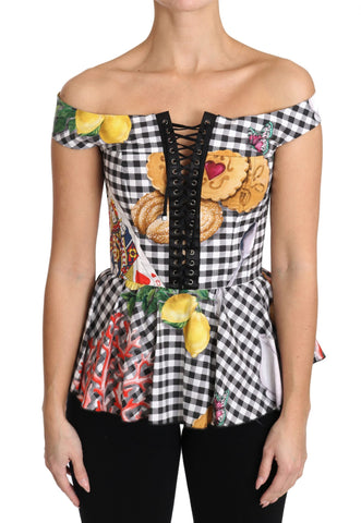 Black and White Corset Blouse Sicily Lemon Check Top Dolce & Gabbana