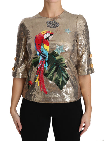Gold Sequined Parrot Crystal Blouse Dolce & Gabbana