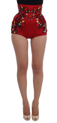 Red Silk Crystal Roses Shorts Dolce & Gabbana