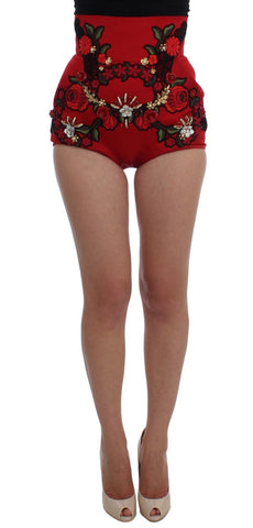 Red Silk Crystal Roses Shorts Dolce & Gabbana