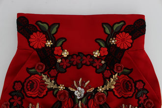 Red Silk Crystal Roses Shorts Dolce & Gabbana