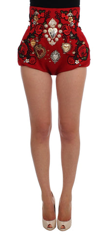 Red Silk Crystal Roses Shorts Dolce & Gabbana