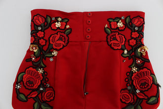 Red Silk Crystal Roses Shorts Dolce & Gabbana