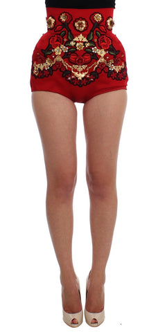 Red Silk Crystal Roses Shorts Dolce & Gabbana