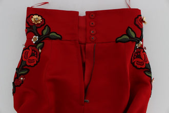 Red Silk Crystal Roses Shorts Dolce & Gabbana