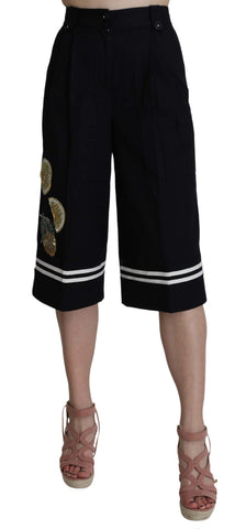 Black Cotton Cropped Embellished Pants Dolce & Gabbana