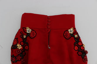 Red Silk Crystal Roses Shorts Dolce & Gabbana