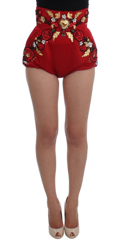 Red Silk Crystal Roses Shorts Dolce & Gabbana