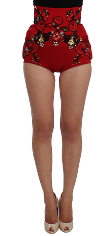 Red Silk Crystal Roses Shorts Dolce & Gabbana