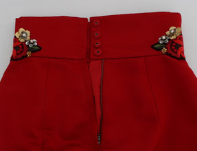 Red Silk Crystal Roses Shorts Dolce & Gabbana