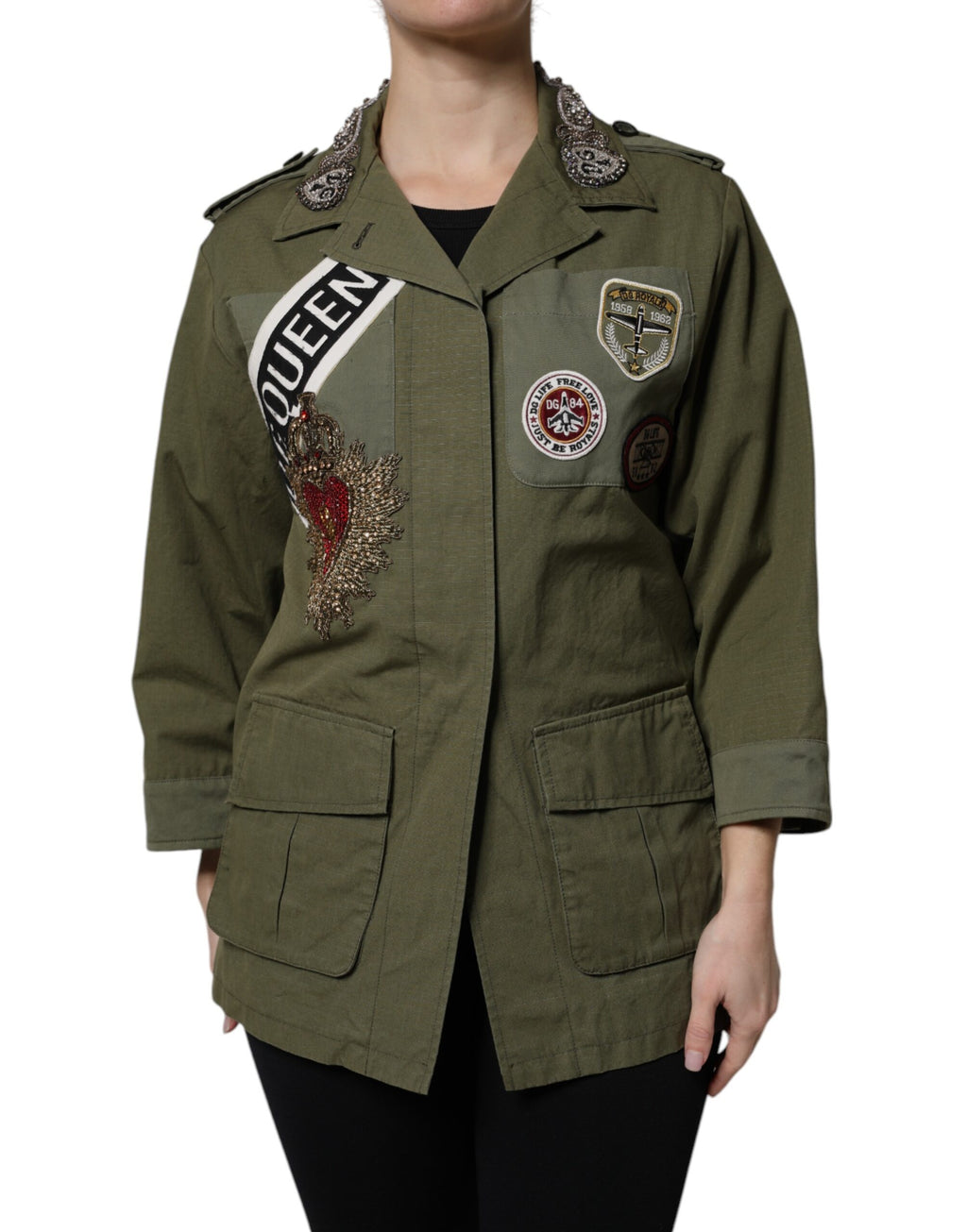 Dolce & Gabbana Military Green Queen Embellished Coat Jacket