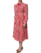 Dolce & Gabbana White Red Stripes Long Sleeves Midi Dress