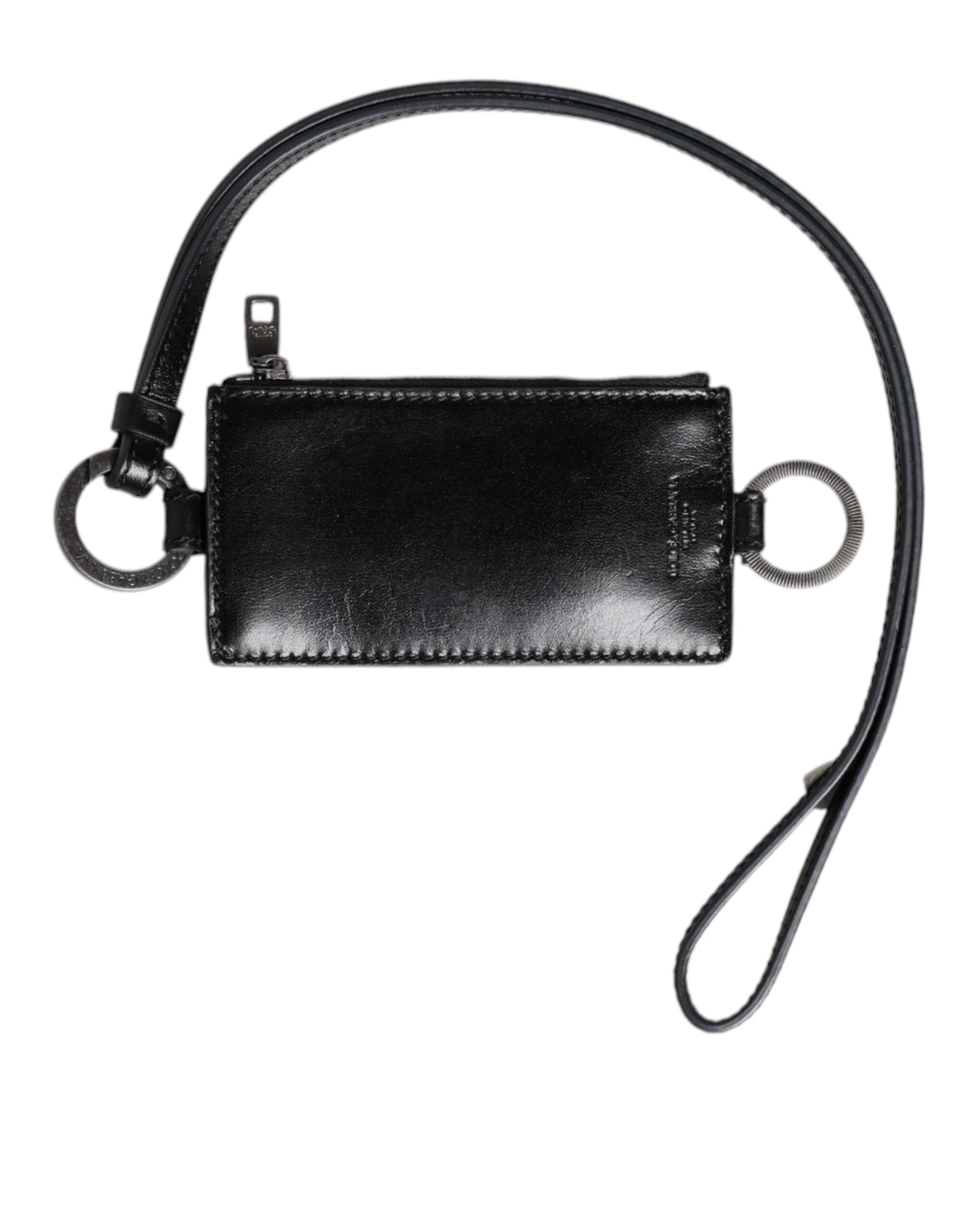 Dolce & Gabbana Black Leather Logo Embossed Lanyard Card Holder Wallet