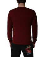 Dolce & Gabbana Maroon Cashmere V-neck Men Pullover Sweater