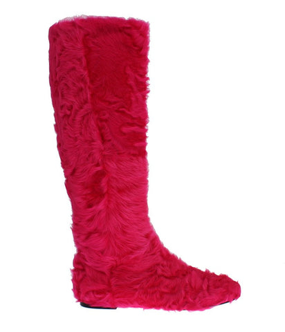 Pink Lamb Fur Leather Flat Boots Dolce & Gabbana