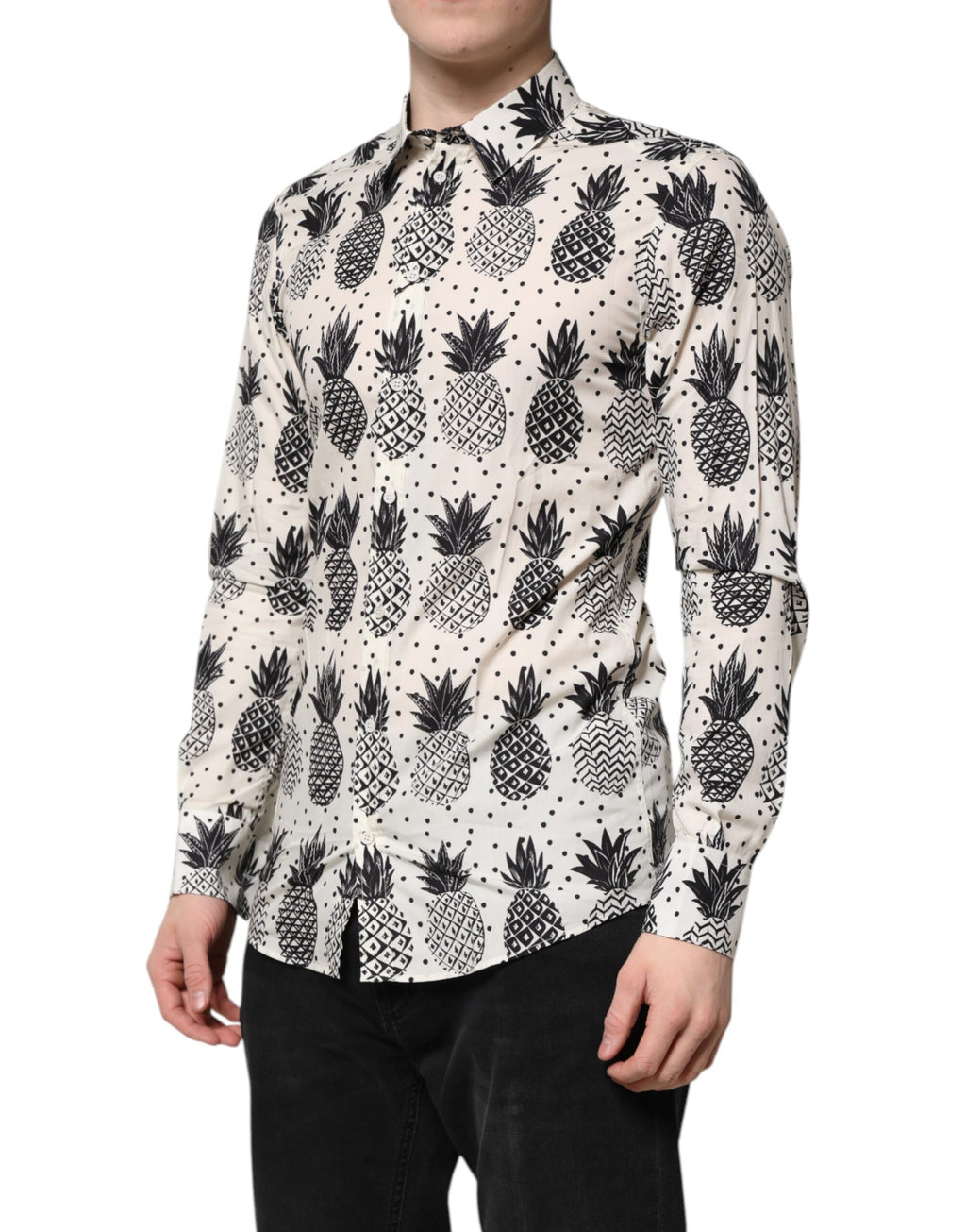Dolce & Gabbana White Pineapple Print Long Sleeve GOLD Shirt