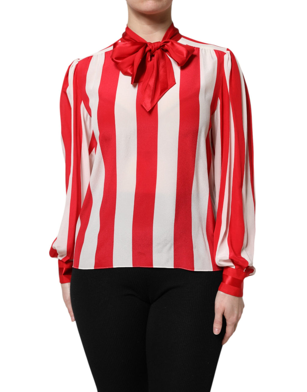 Dolce & Gabbana Red White Stripes Ascot Collar Blouse Top