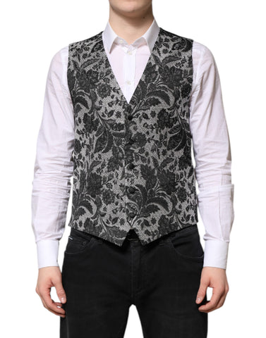 Dolce & Gabbana Black Gray Brocade Formal Men Waistcoat Vest