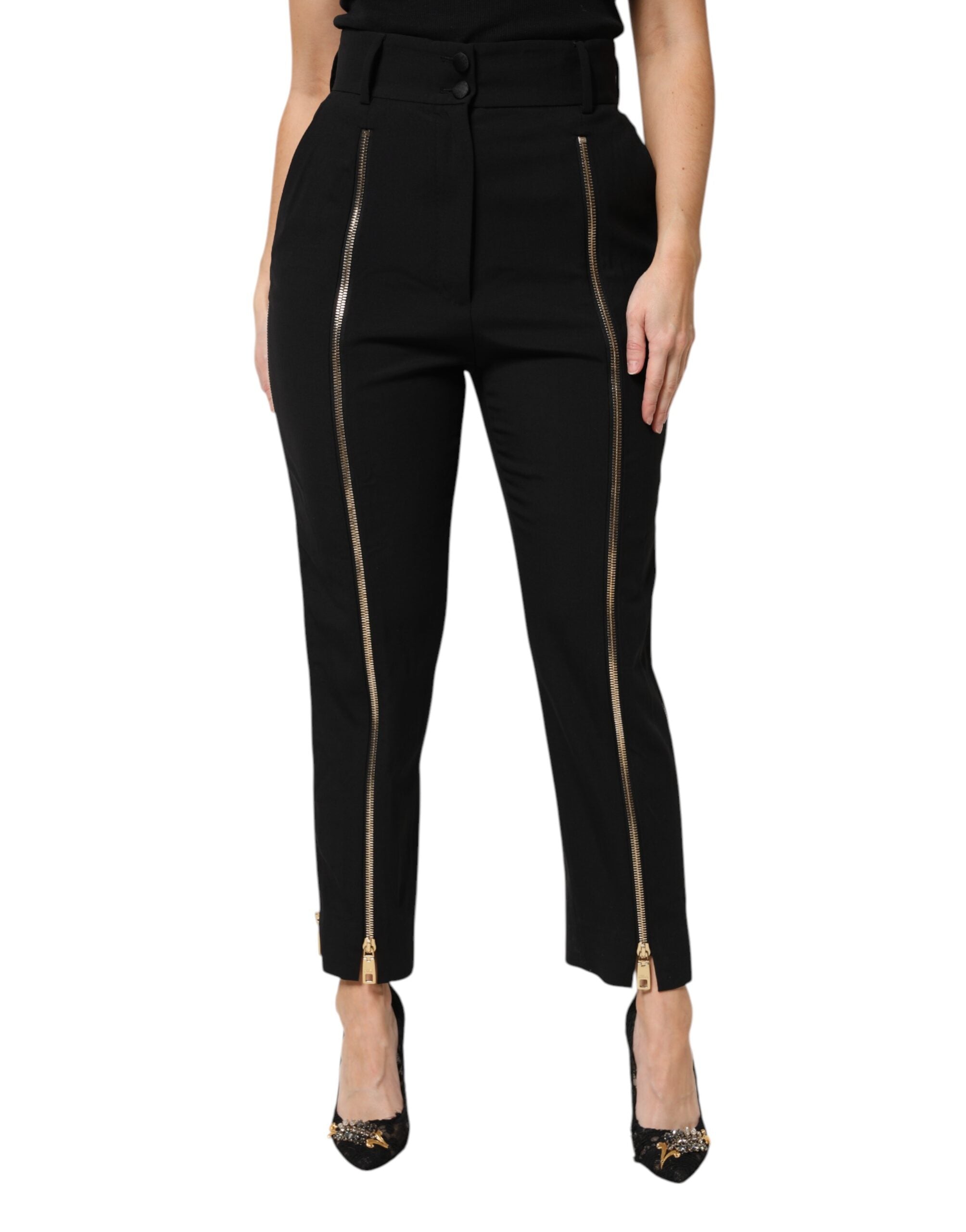Dolce & Gabbana Black Wool High Waist Zipper Tapered Pants