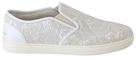 White Leather Lace Slip On Loafers Shoes Dolce & Gabbana