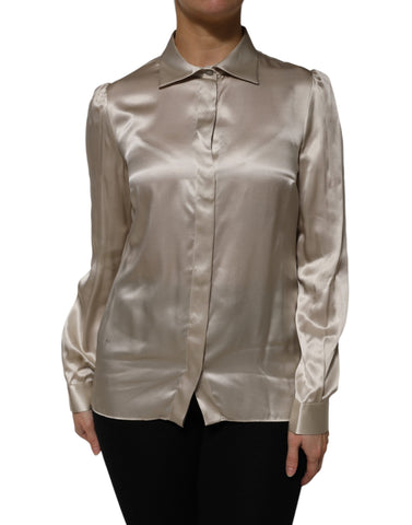 Dolce & Gabbana Beige Satin Silk Collared Long Sleeves Top