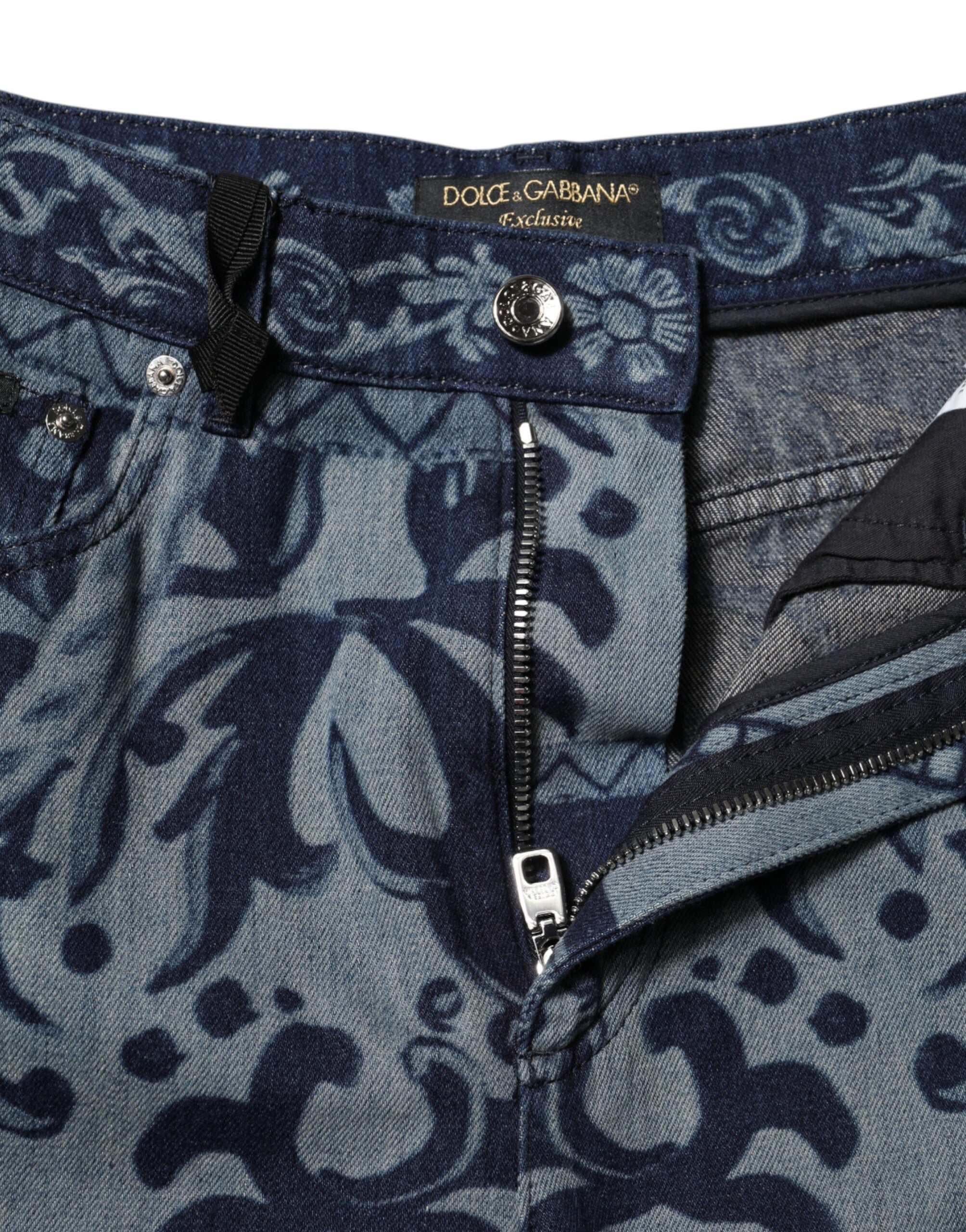 Dolce & Gabbana Blue Graphic Print Tapered Denim Jeans