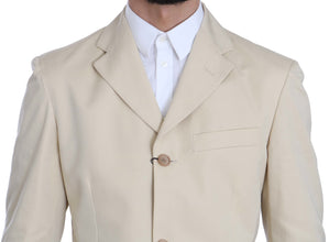 Two Piece 3 Button Beige Cotton Solid Suit Romeo Gigli
