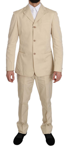 Two Piece 3 Button Beige Cotton Solid Suit Romeo Gigli