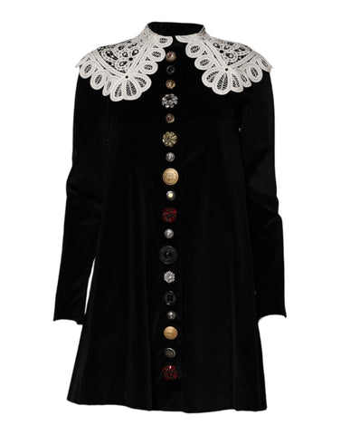 Dolce & Gabbana Black Velvet Lace Collared Embellished Dress