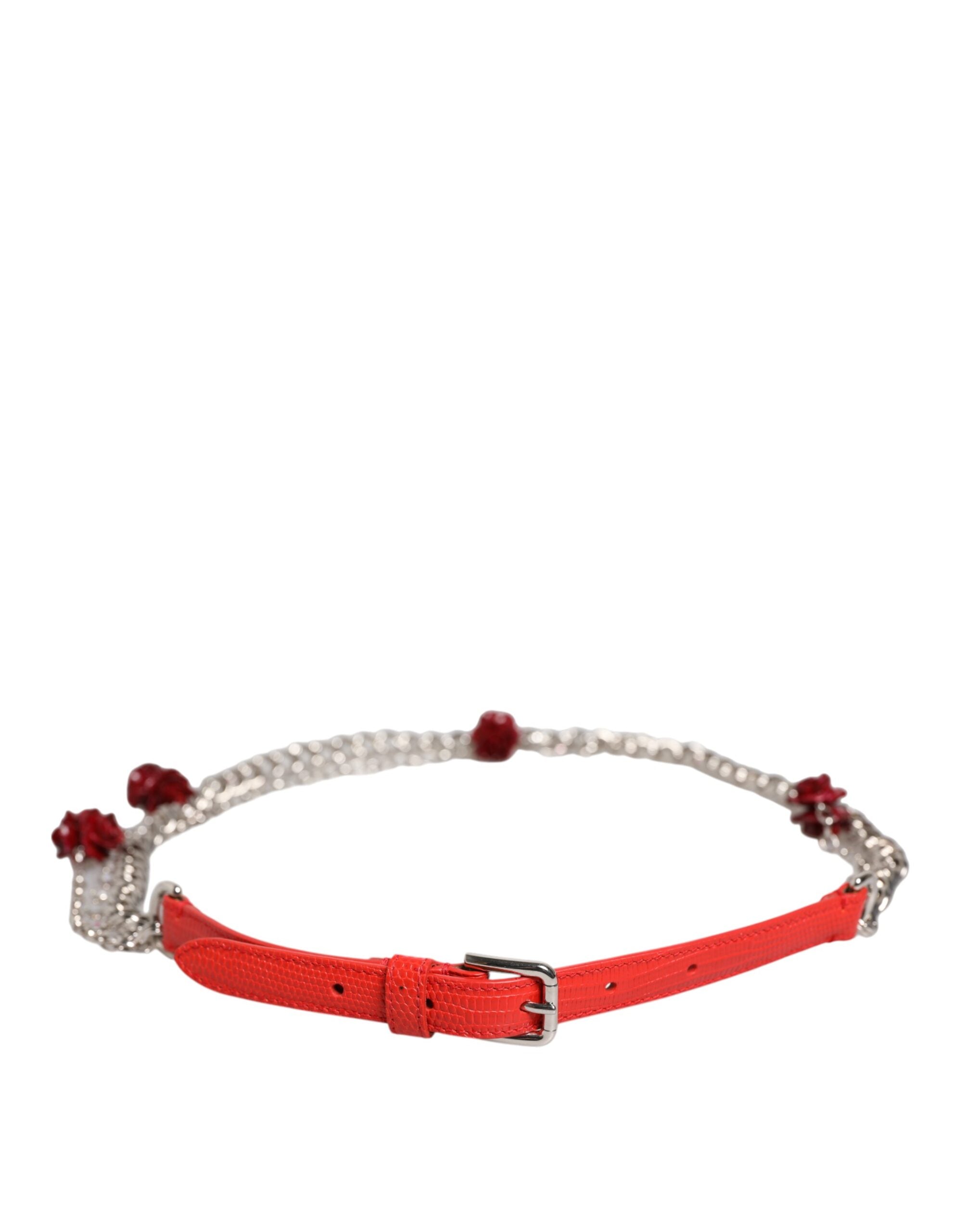 Dolce & Gabbana Red Leather Silver Chain Floral Cintura Belt