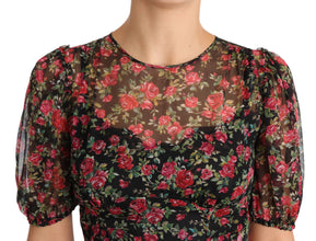 Black Floral Roses A-Line Shift Gown Dress Dolce & Gabbana