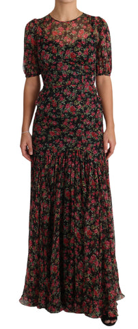Black Floral Roses A-Line Shift Gown Dress Dolce & Gabbana
