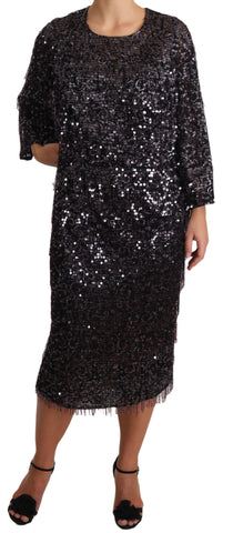 Black Sequined Long Sleeve Shift Midi Dress Dolce & Gabbana