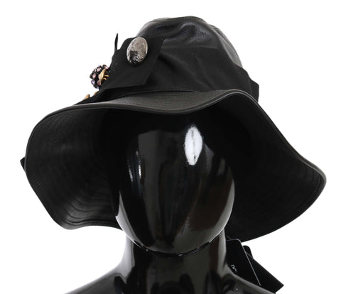 Black Leather DG Coin Crystal Wide Brim Hat Dolce & Gabbana