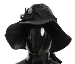 Black Leather DG Coin Crystal Wide Brim Hat Dolce & Gabbana