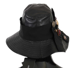 Black Leather DG Coin Crystal Wide Brim Hat Dolce & Gabbana