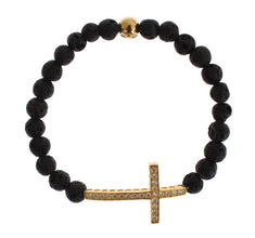 Lava Stone Gold Clear CZ Cross 925 Silver Bracelet Nialaya